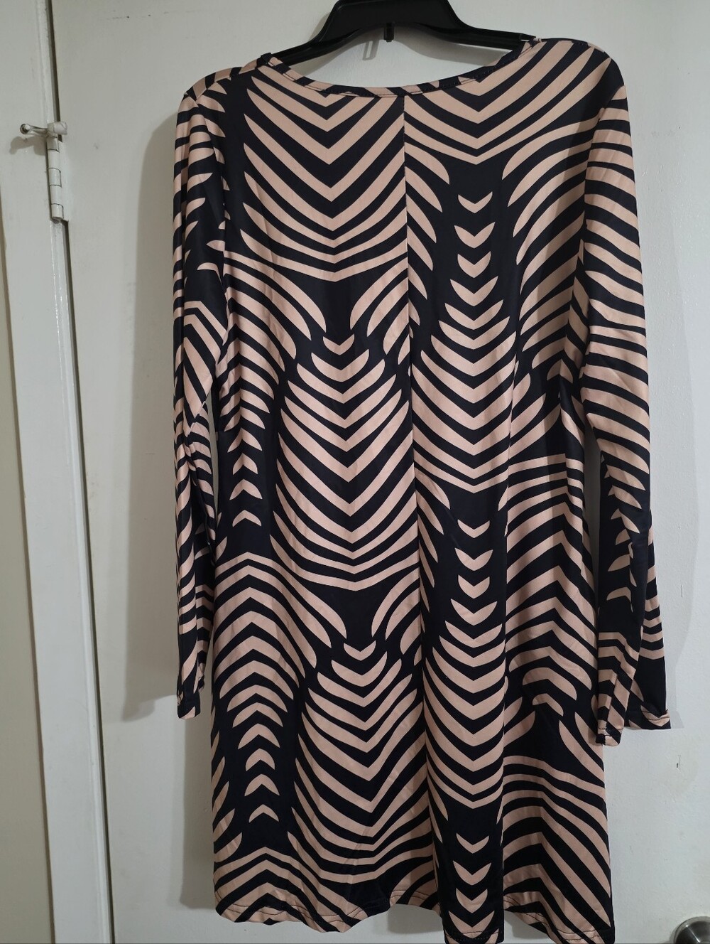 Black Beige Long Sleeve Patterned A-Line Dress Geometric Print Stretchy Casual - Picture 6 of 7